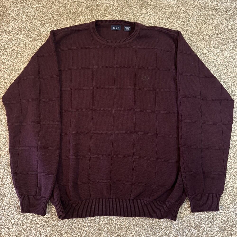 IZOD Men’s XL Burgundy Windowpane Knit Crewneck Sweater 100% Cotton
